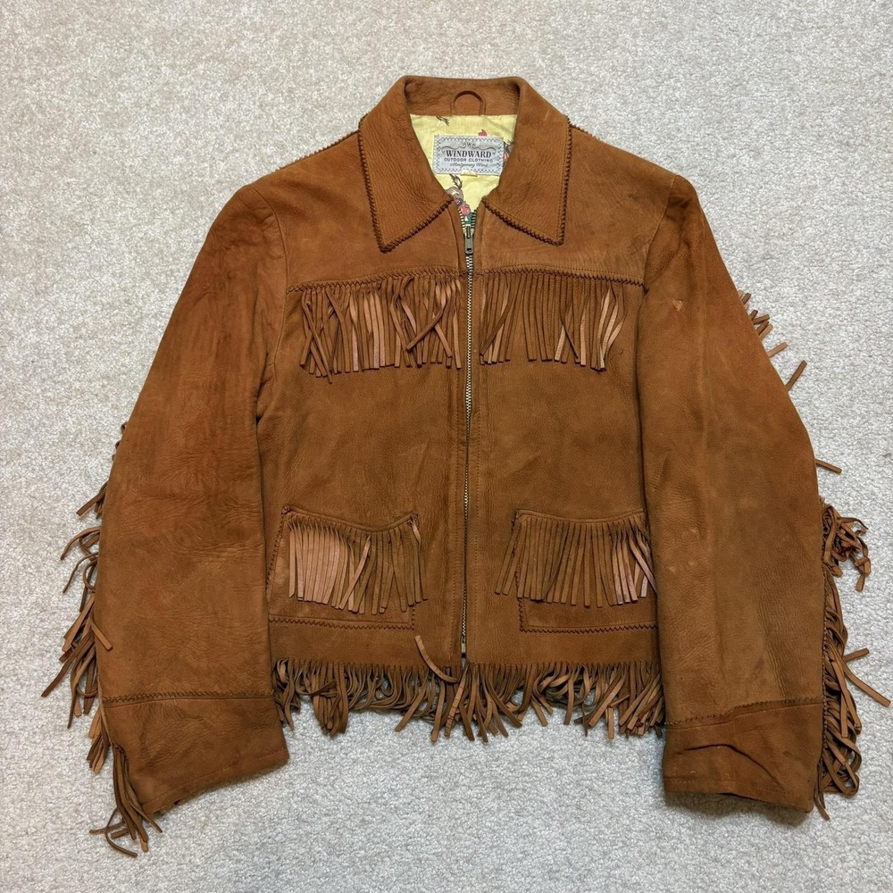 Vtg 50s Montgomery Ward Suede Leather Jacket Kids 12 Brown Fringe Western Talon